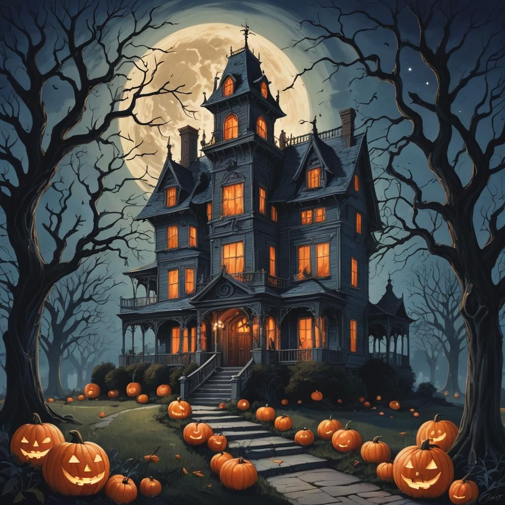 Spooky Mansion with Glowing Jack-o'-Lantern: Whimsical Conce...