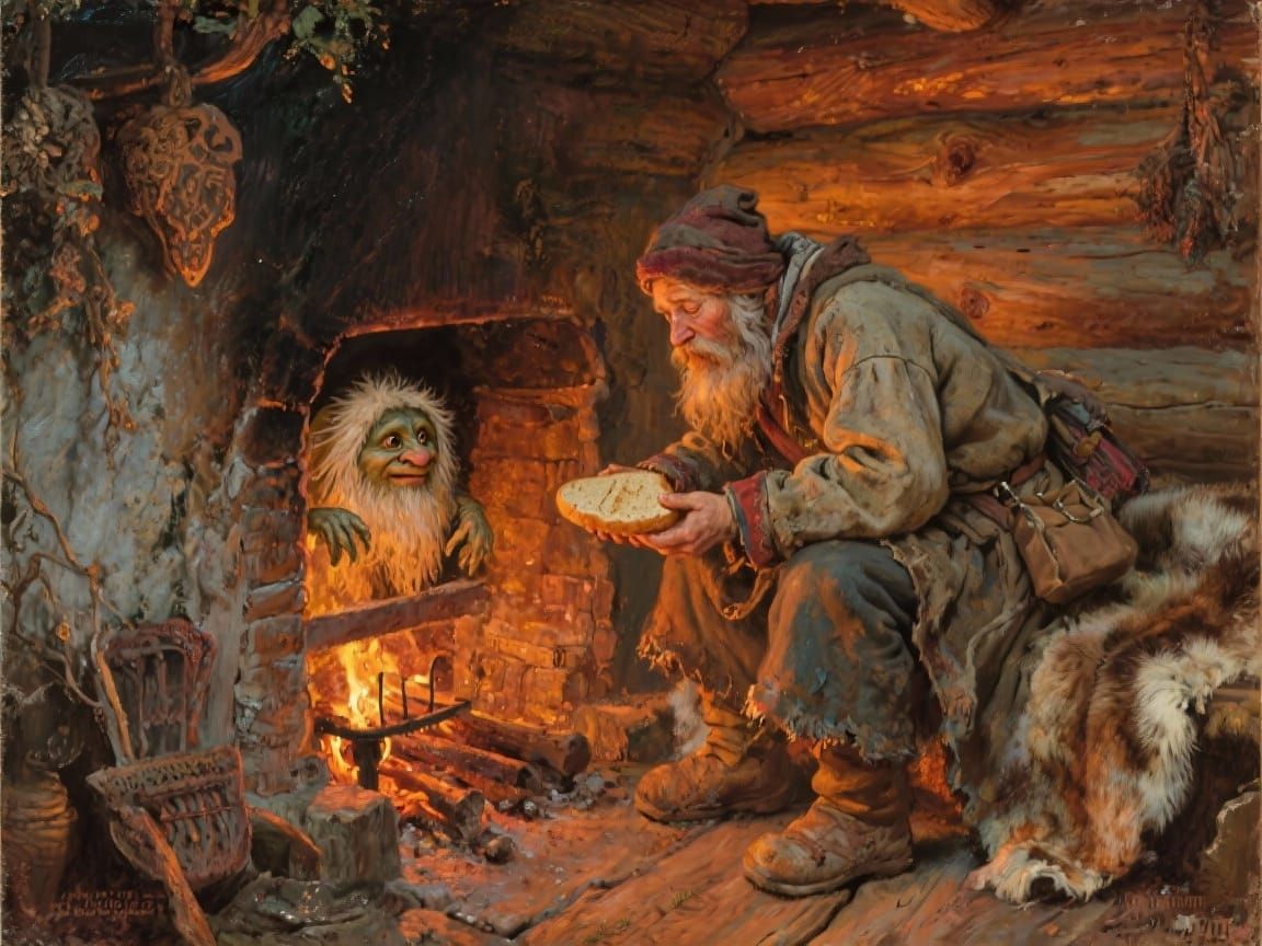 Slavic Traveler Offers Bread to Domovoi Spirit