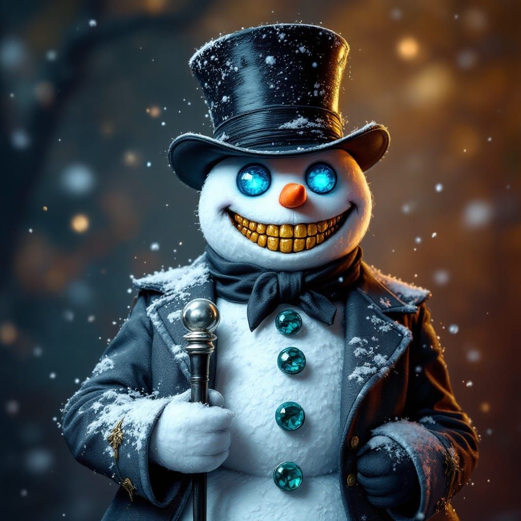 Elegant Snowman in Regal Attire, Flanked by Vigilant Guards