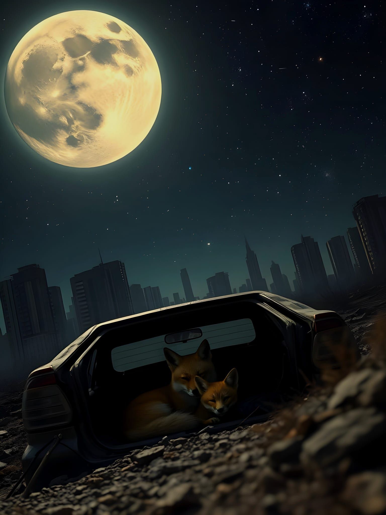 Midnight Fox in Abandoned City, under Eerie Moonlight