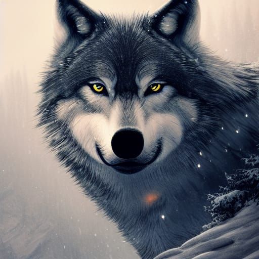 Wolf Portrait on Snowy Hill in Dark Fantasy Style