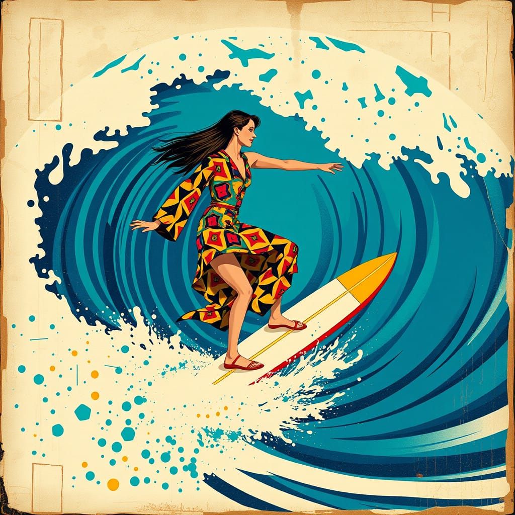 Vibrant Surfer in Abstract Wave - Postmodern Art Fusion
