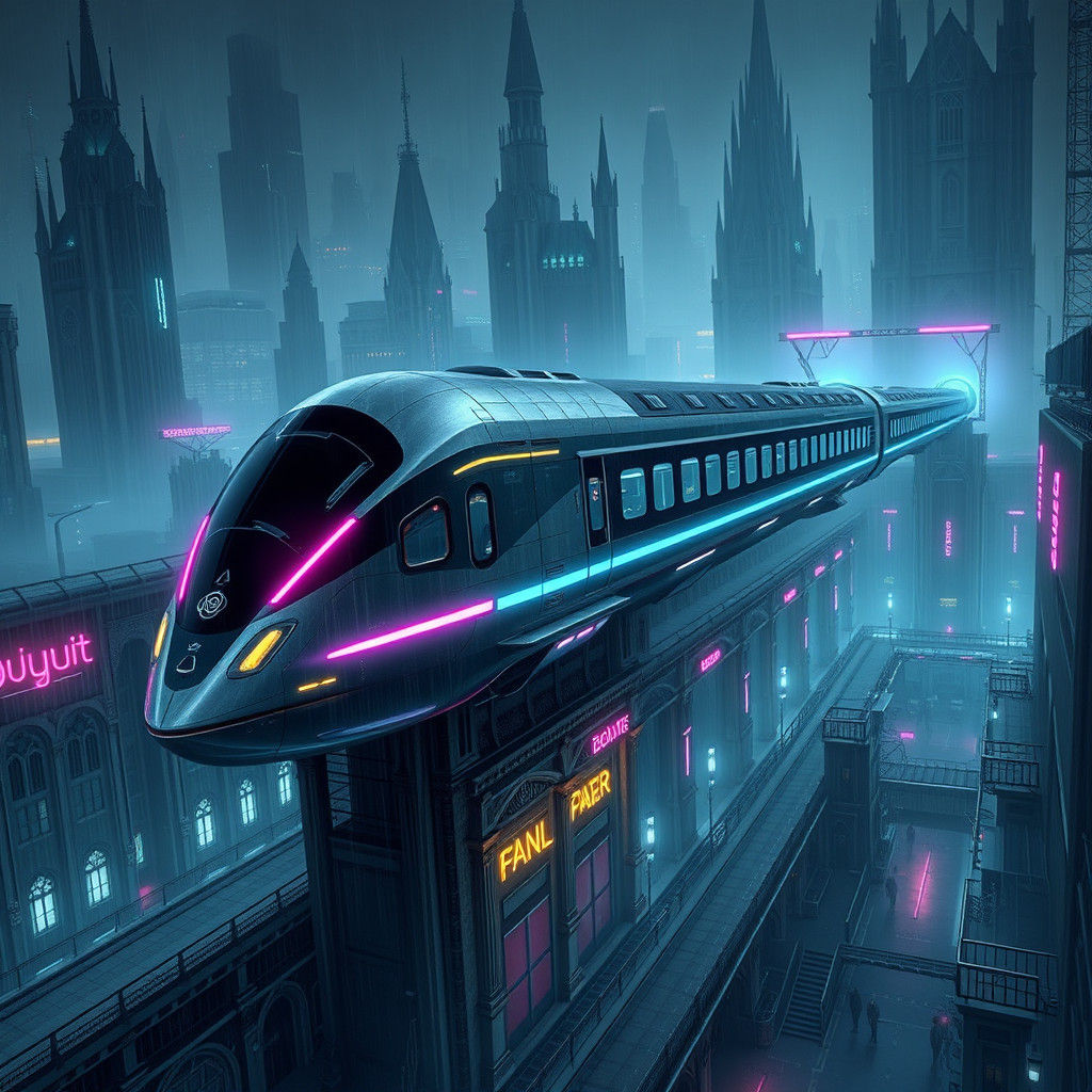 Futuristic Flying Train in Dystopian Cyberpunk Metropolis