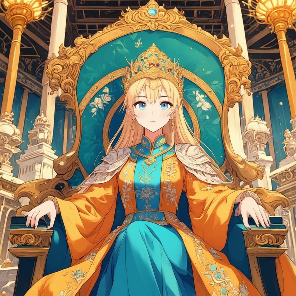Anime Empress in Golden Tang Dynasty Gown on Throne