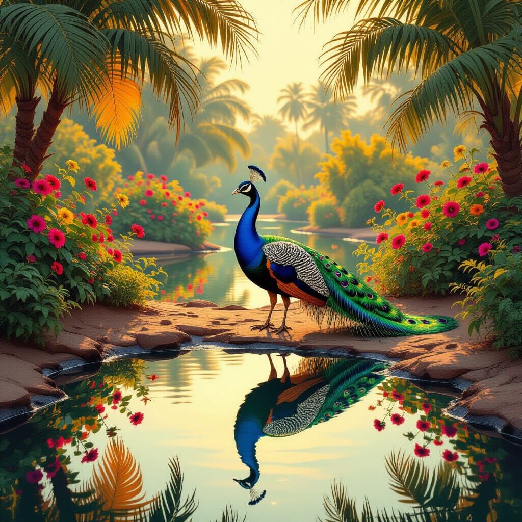 Peacock's Reflection in Vibrant Indian Garden