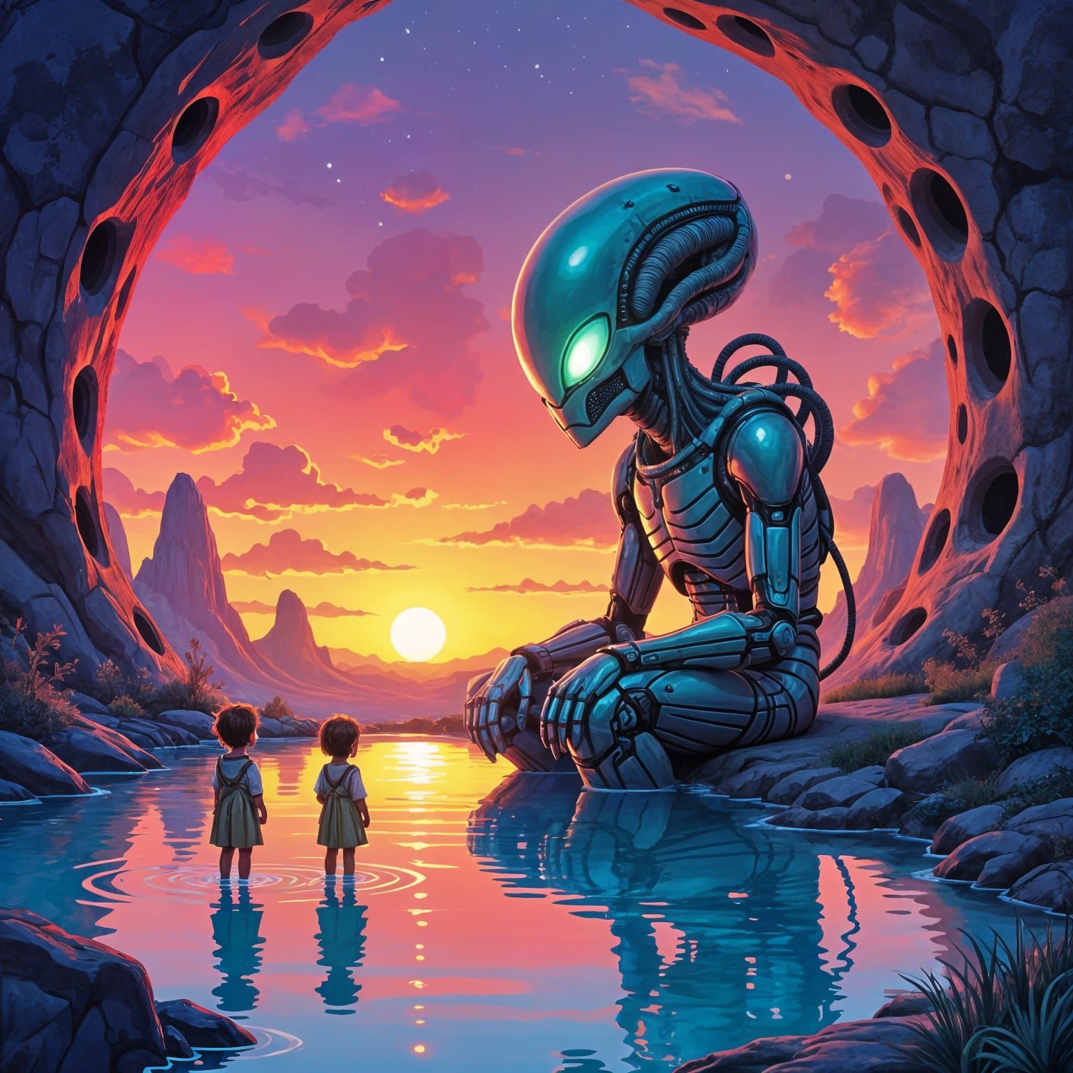 Alien by Pond in Gouache and Watercolor Style