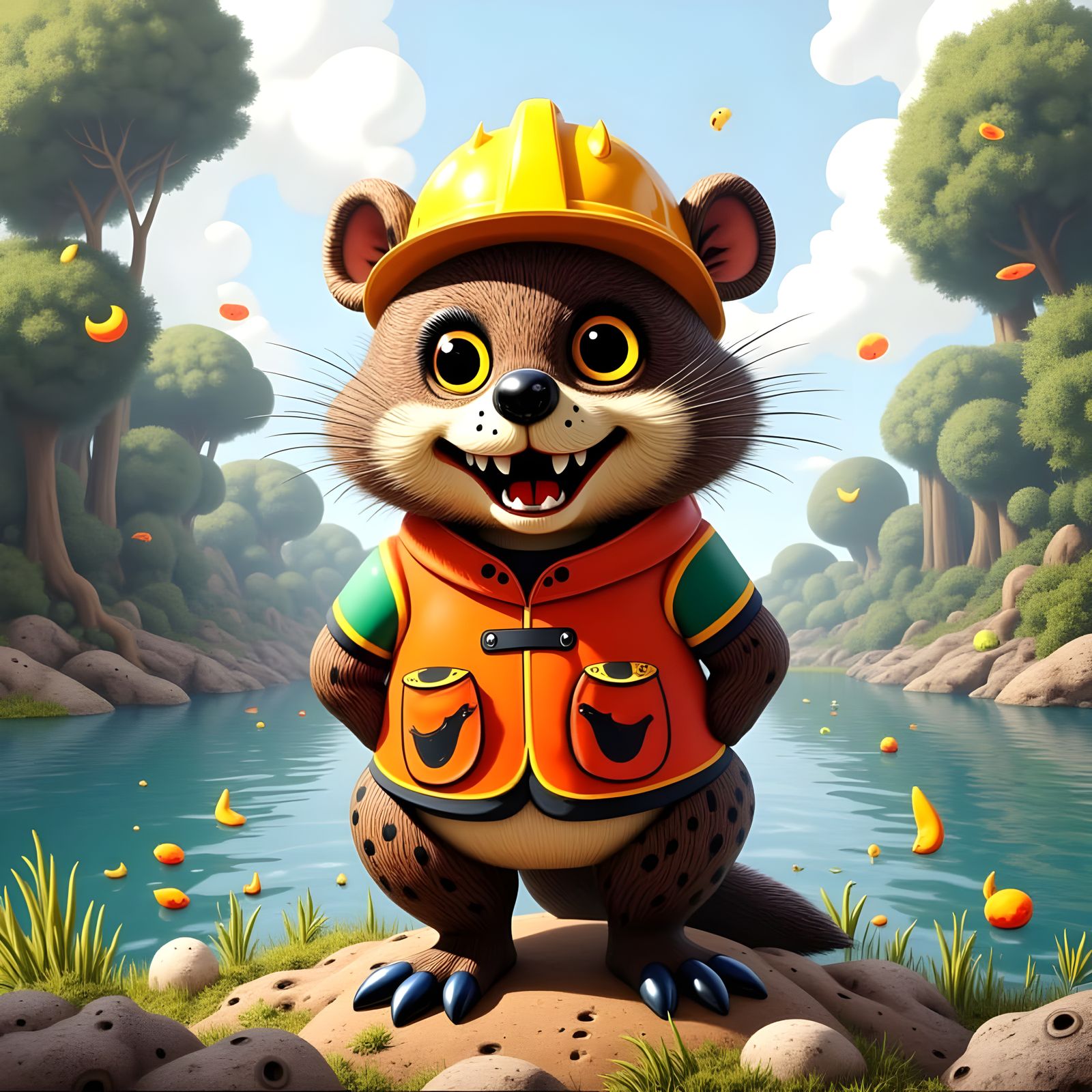 Beaver in Hard Hat on River with Dots