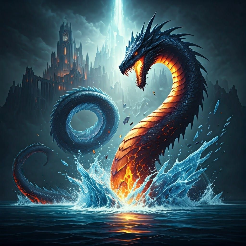 Ice and Fire Kraken Merge in Epic Fantasy Art