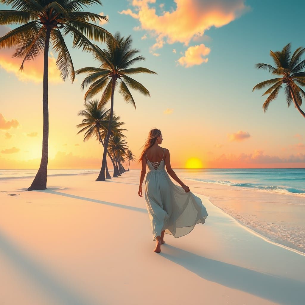 Tropical Paradise at Sunset in Impressionist Style