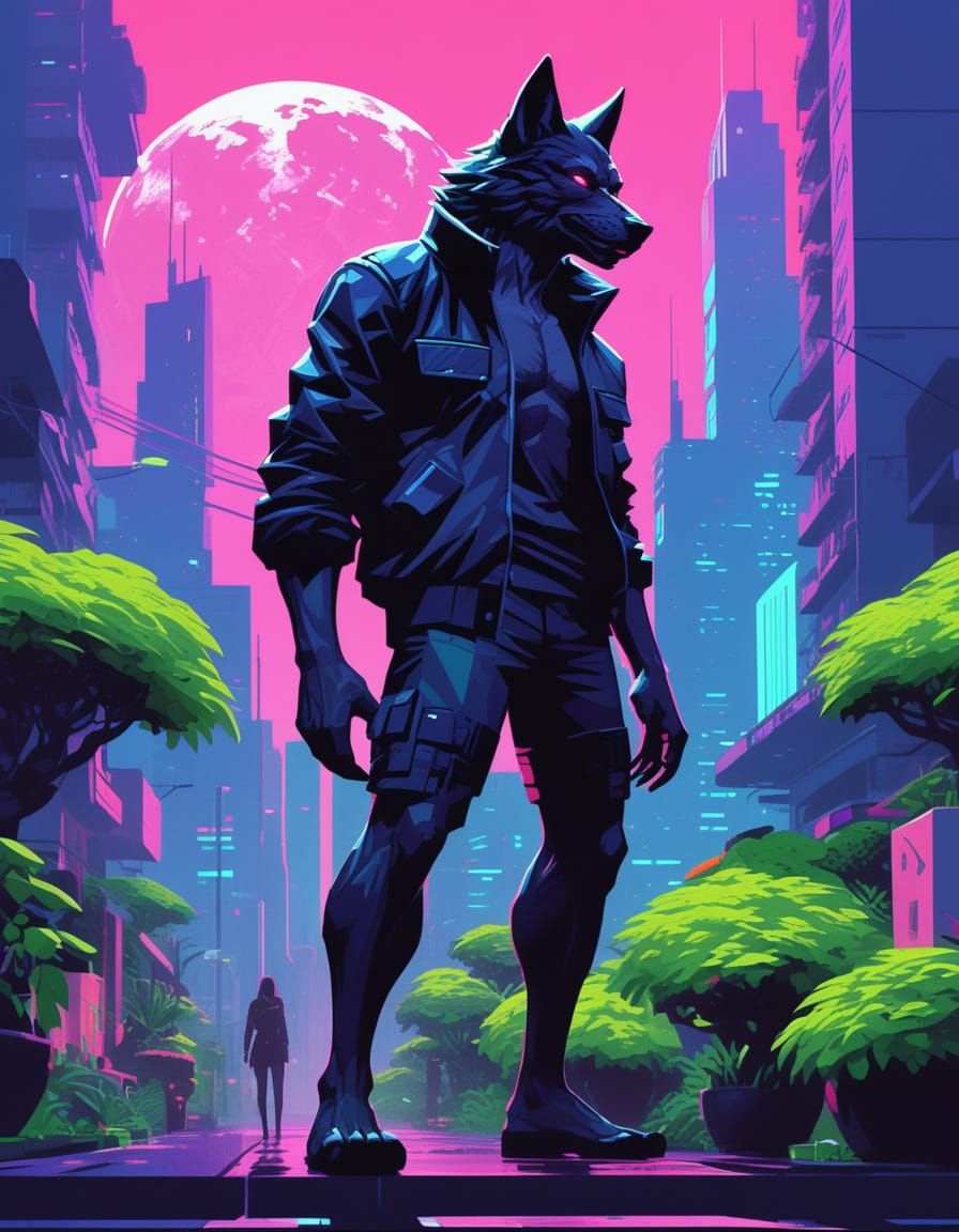 Streetwise Werewolf in Cyberpunk City with Pixel Art Style