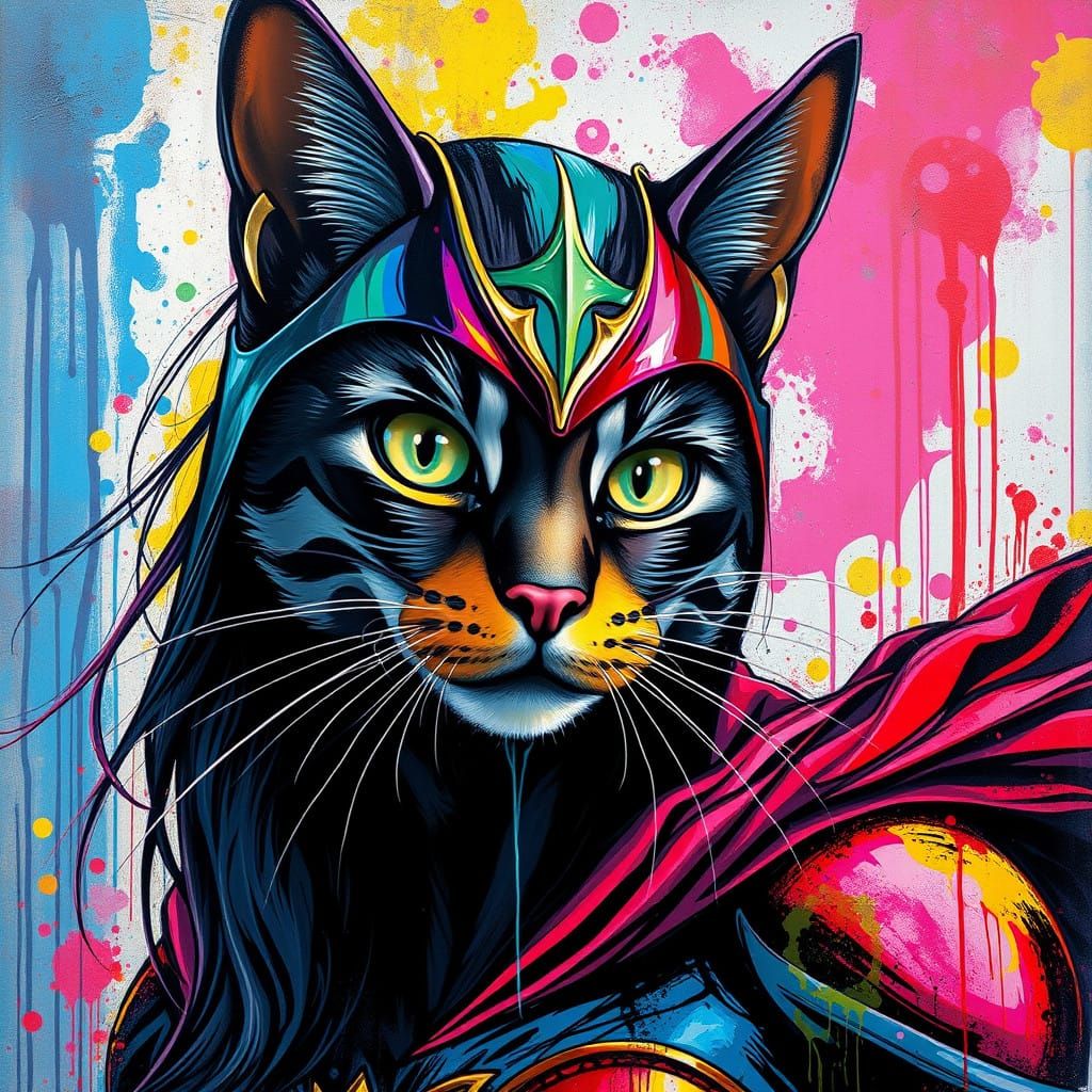 Graffiti Wonderwoman Cat in Vibrant Polychromatic Style