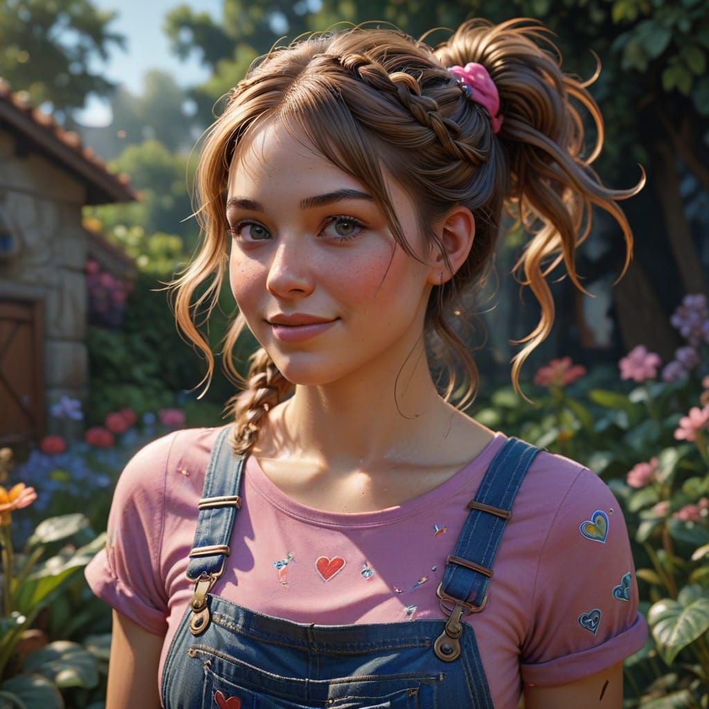 Vibrant Oil Painting Portrait of a Smiling Girl in a Garden