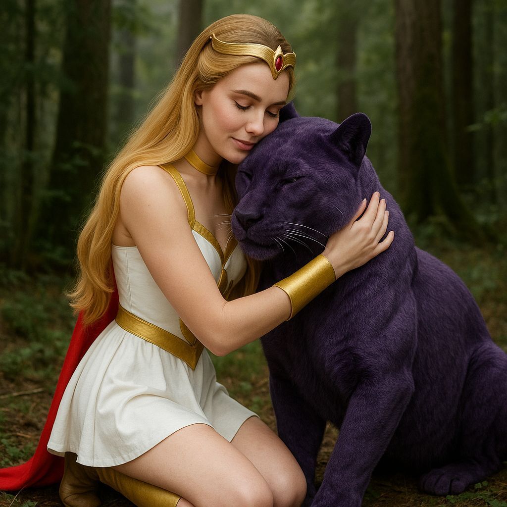 Princess Adora Hugs a Purple Panther in Forest