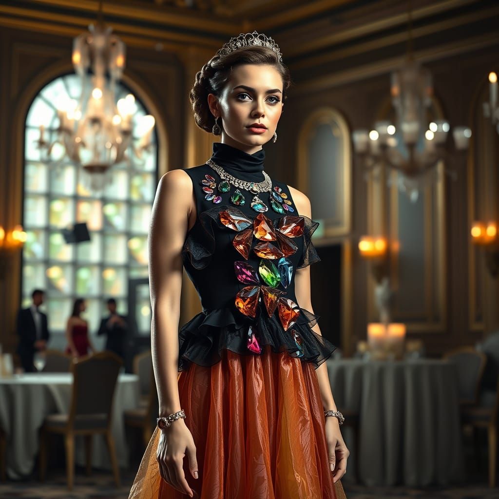 Woman in Crystal Dress in Grand Ballroom