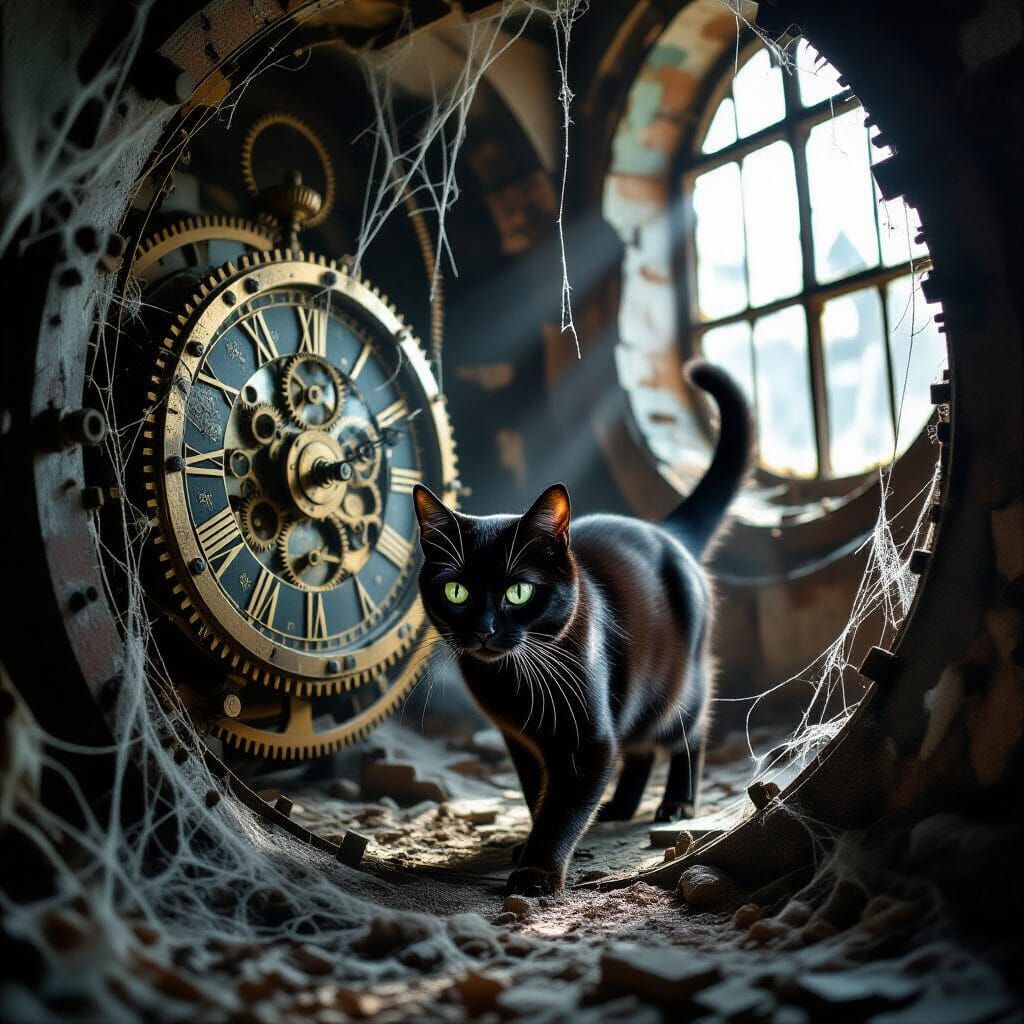 Cat Exploring Abandoned Clock Tower in Photorealistic Style