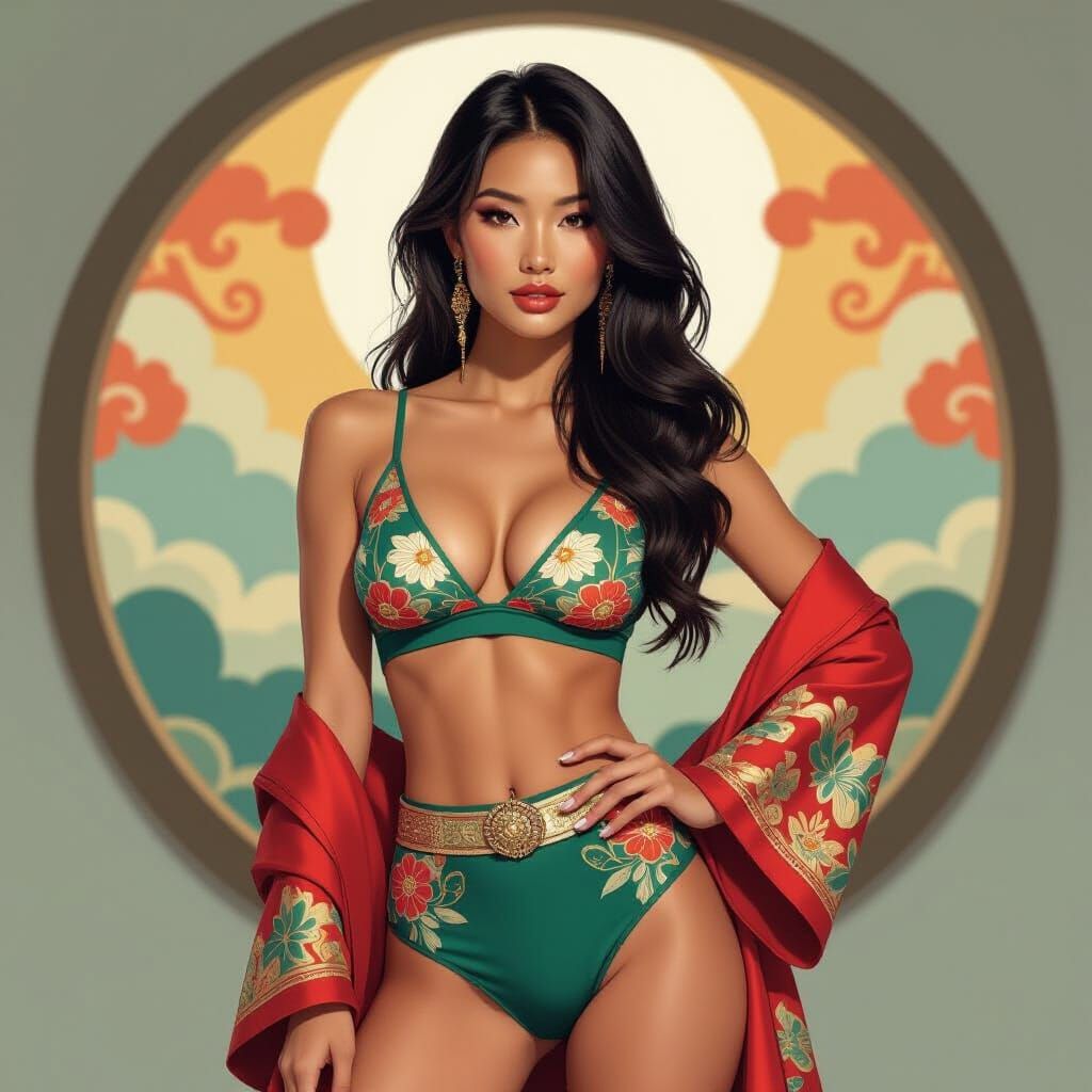 Curvy Asian Model in Stylish Outfit, Modern Studio