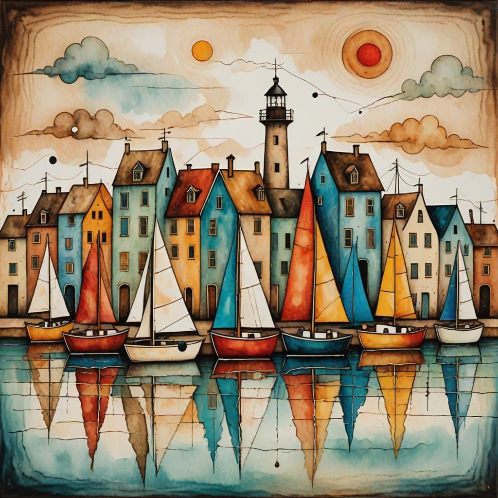 Seaside Harbor of Colorful Sailboats and Cabins