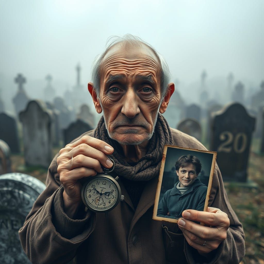 Elderly Man Reflects on Mortality in a Forgotten Graveyard
