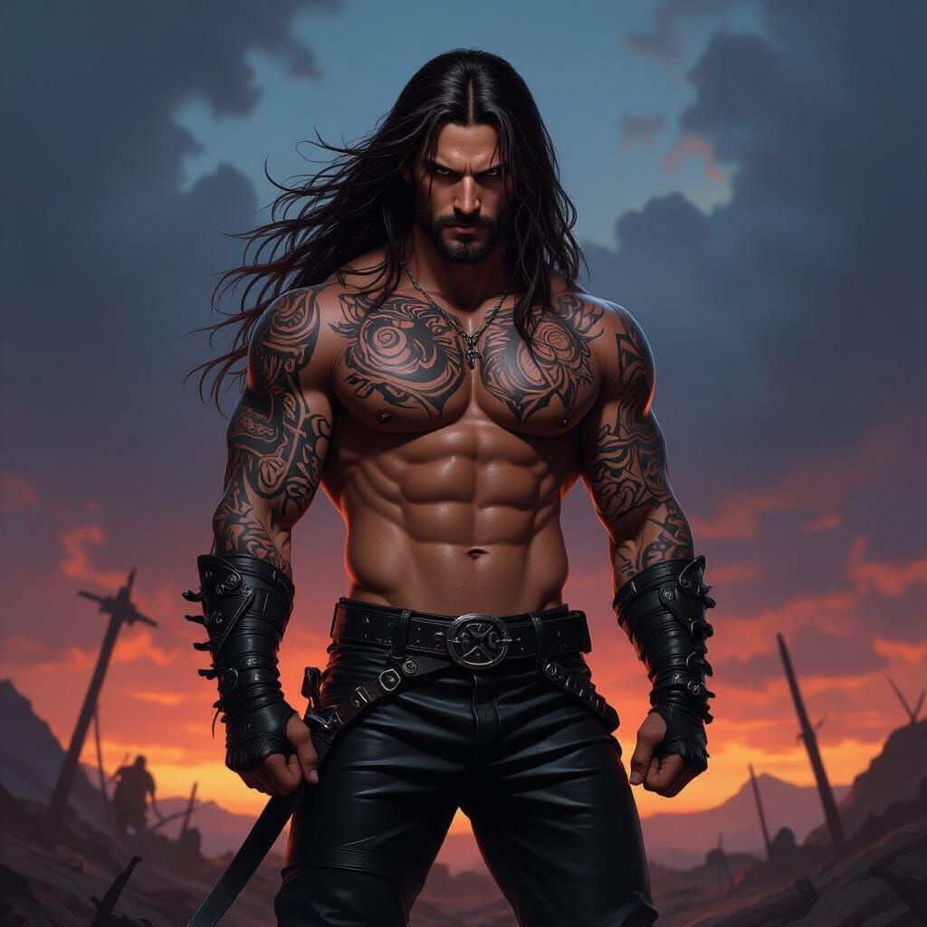Fierce Tattooed Warrior in Dark Fantasy Style