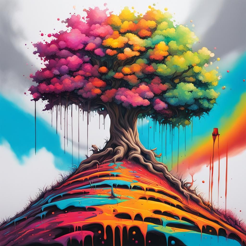 Colorful Graffiti Tree on Hill: Splash Art Style
