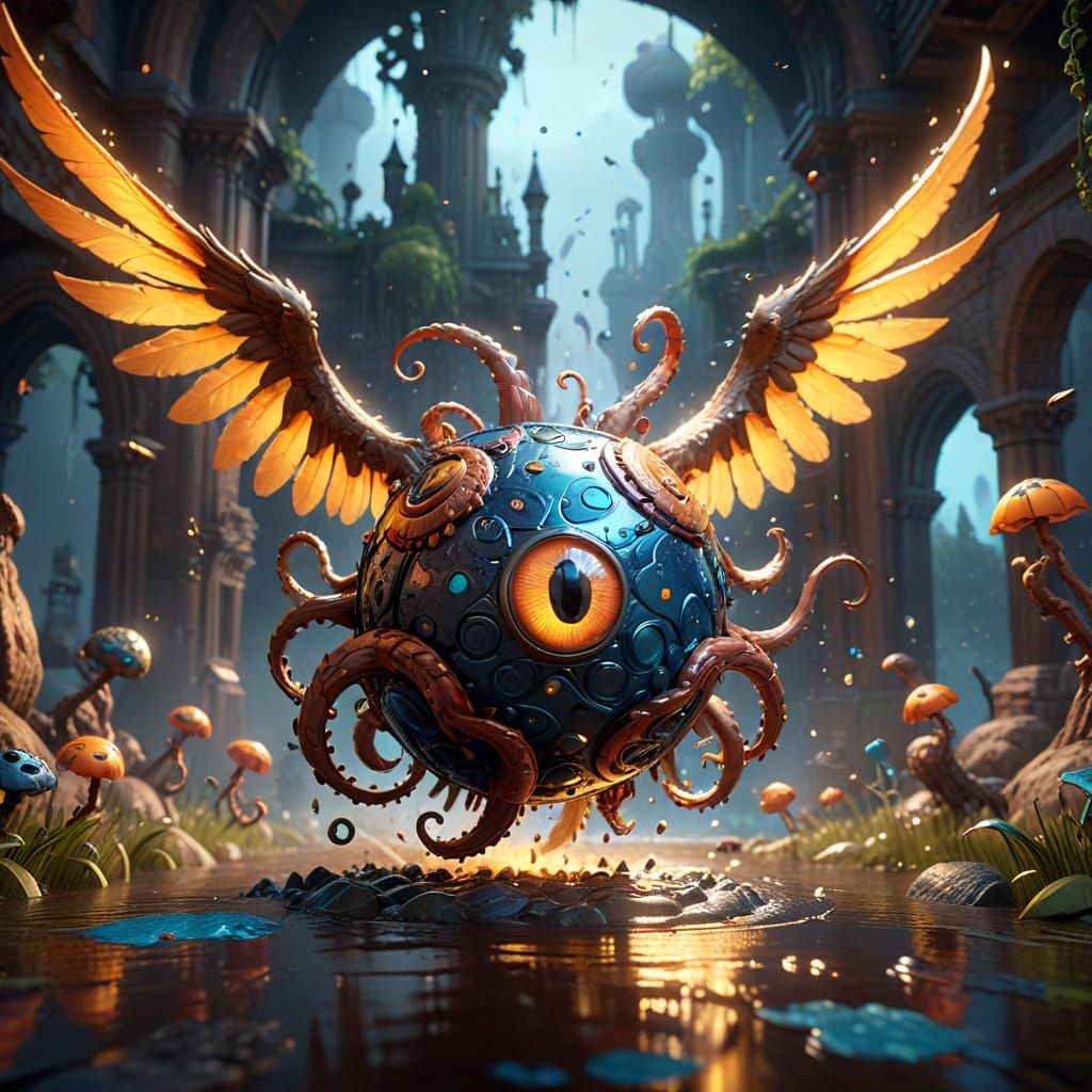 Fantastical Winged Creature Chasing Goat, Digital Art