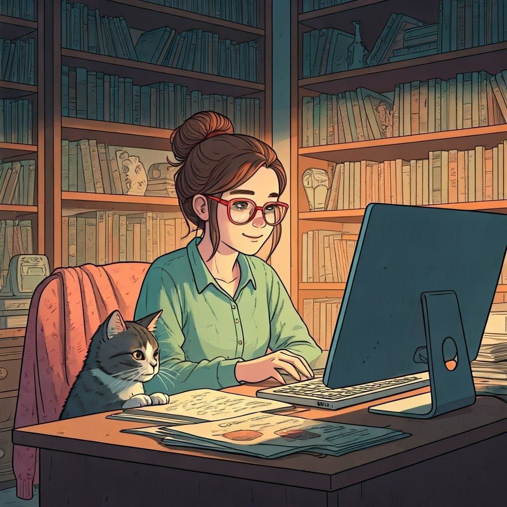 Girl Surrounded by Whimsical Bookshelves, Laptop, and Curiou...