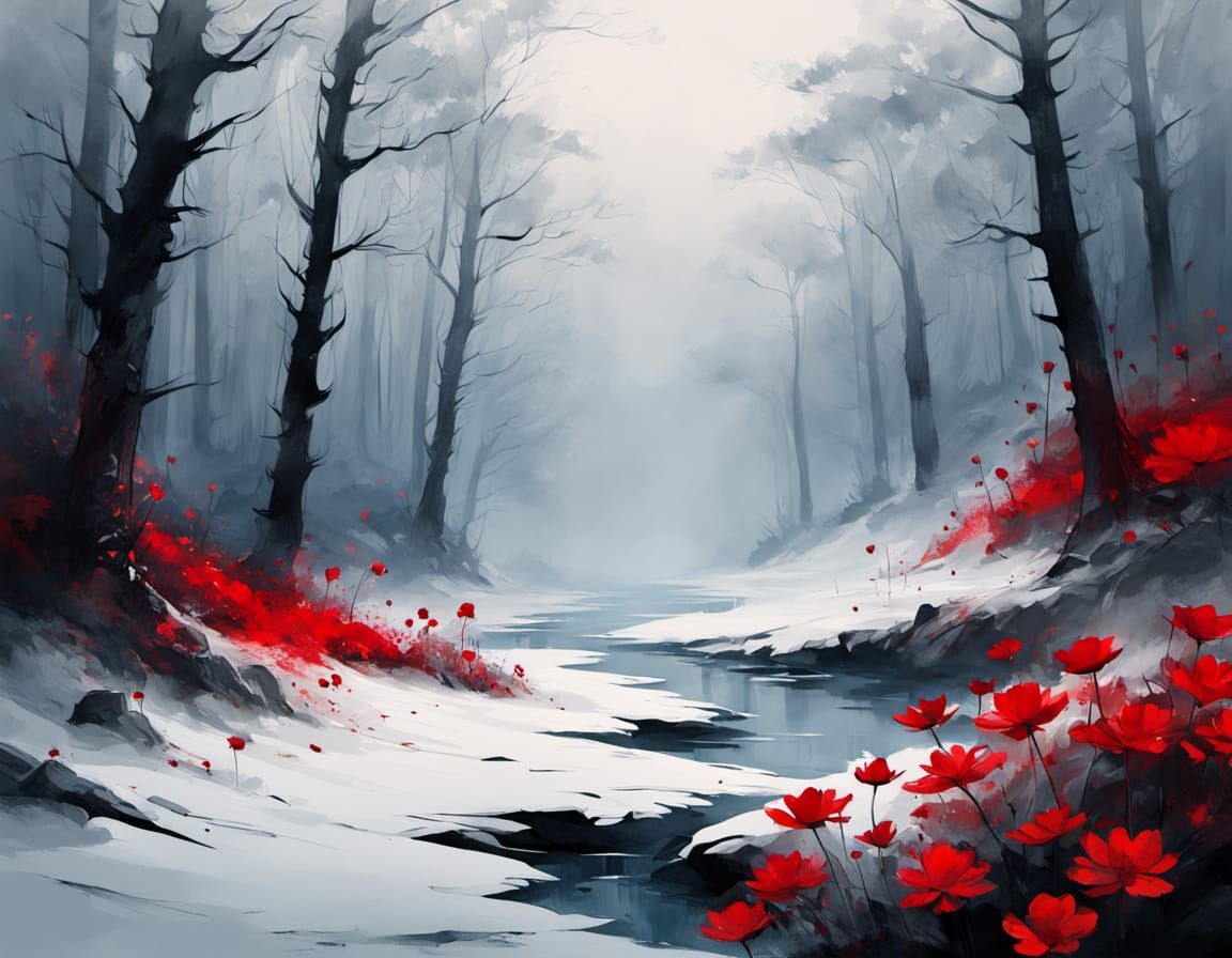 Winter Forest Ink Wash Painting with Red Flowers