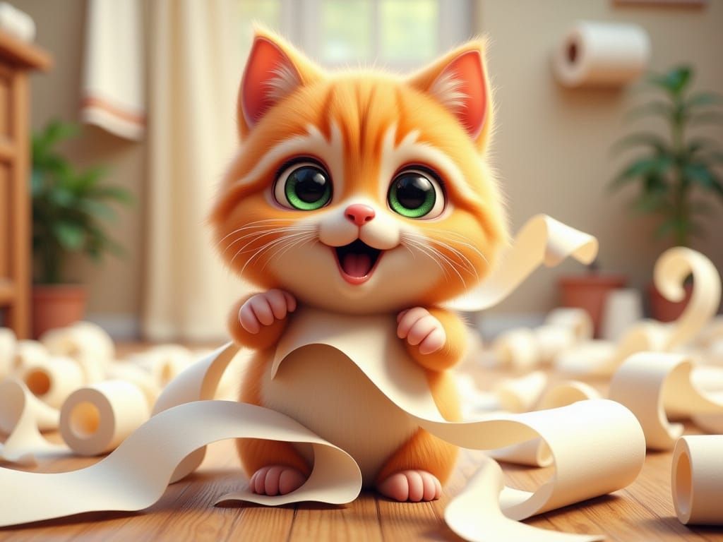 A Charming Kitten Unravels a Roll of Toilet Paper