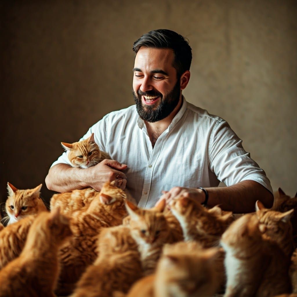 Man Enjoys Playtime with Whimsical Yellow Cats in a Sunlit S...