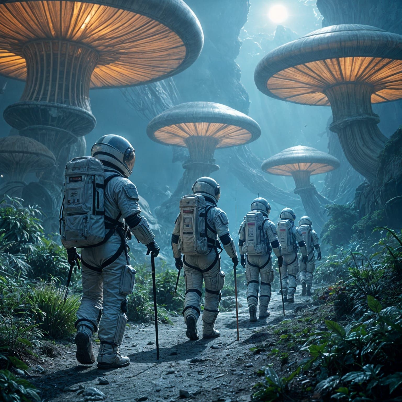 Elderly Adventurers Explore Alien Planet in Spacesuits