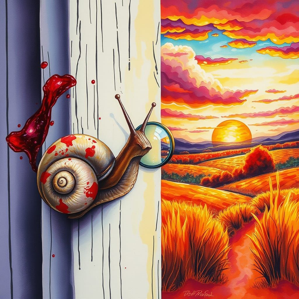 Whimsical Snail Detective in Abstract Landscape