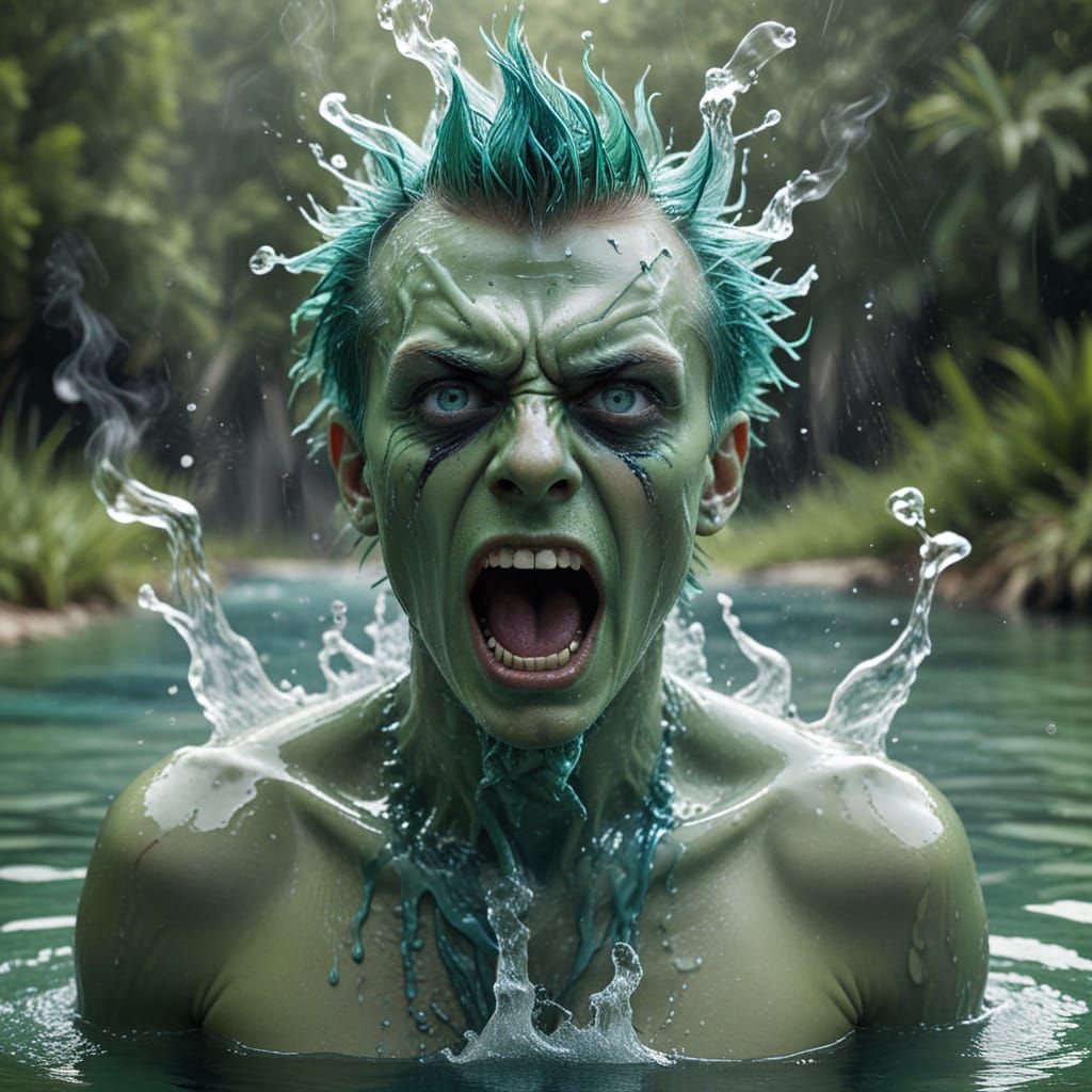 Surreal Green-Haired Figure Suffers Madness in a Hazy, Smoky...