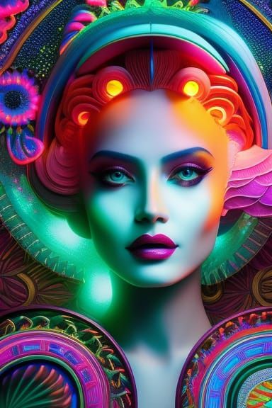 Celestial Woman with Mushroom in Neon Lighting