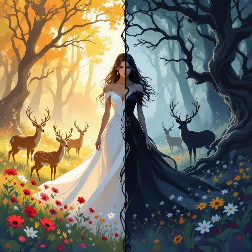 Fantasy Split Image: Serene Woman and Shadowy Figure