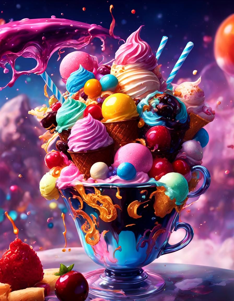 Anime Cup Overflowing with Ice Cream in Neon Colors