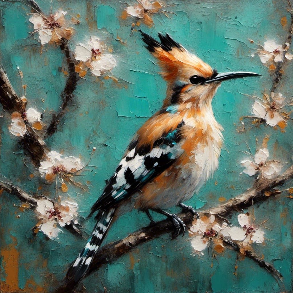 Hoopoe on Cherry Blossom Branch as Oil Painting