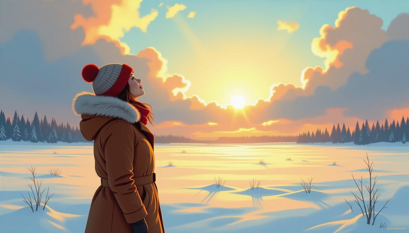 Hopeful Woman in Snowy Field, Digital Painting