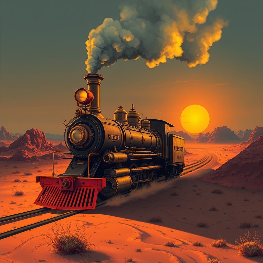 Steampunk Engine in Wild West Desert at Sunset