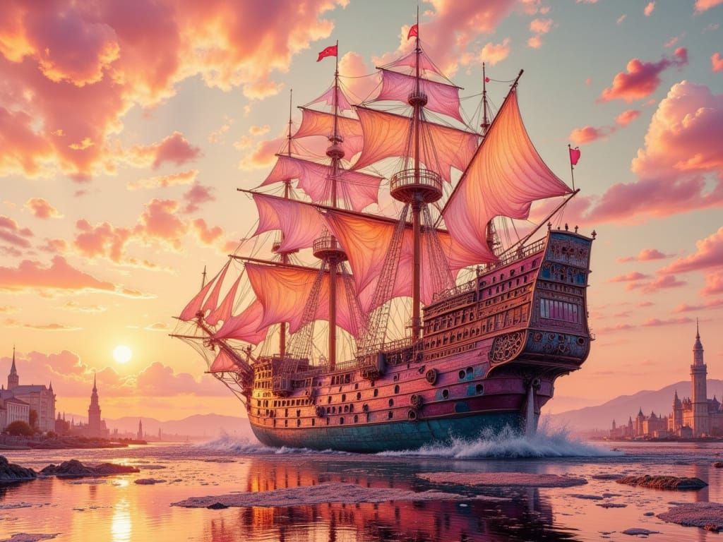 Galleon Ship Sailing Into Roman Port in Pink and Orange