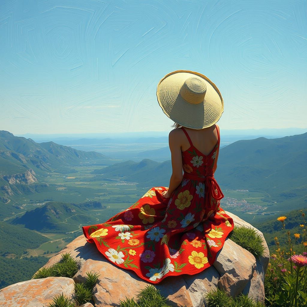 Woman on Cliff in Van Gogh Style