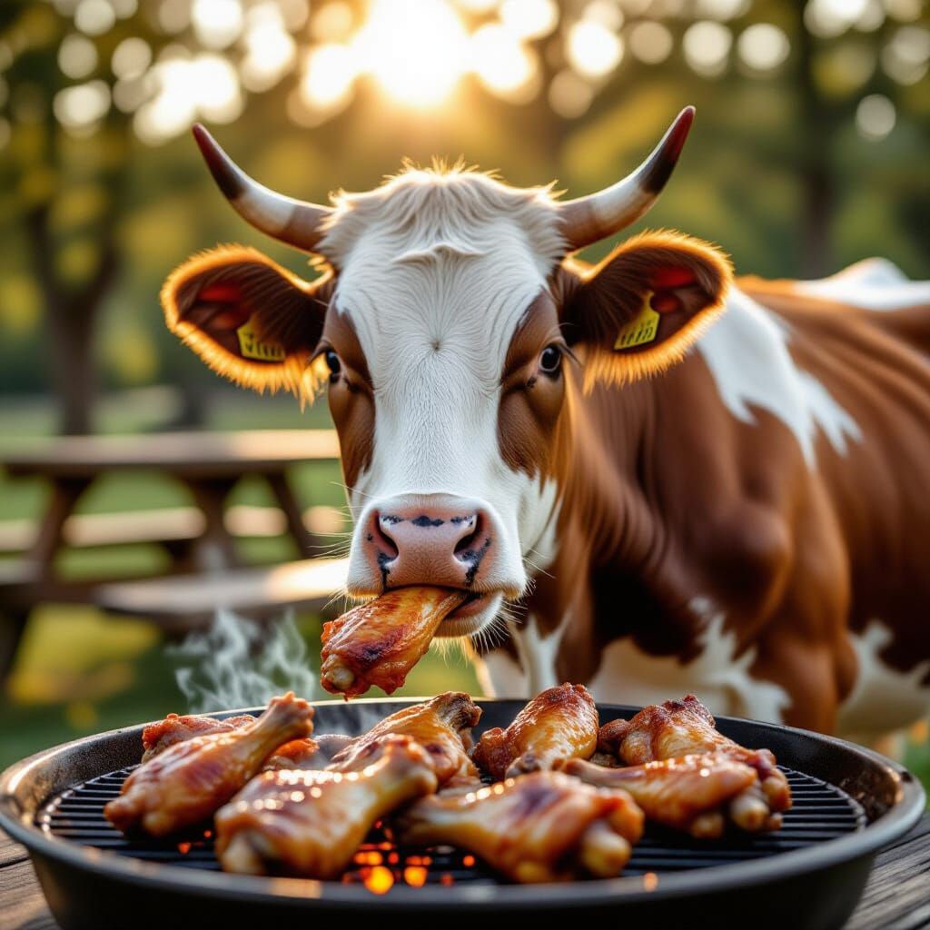 Cow Eats Chicken Wings: Professional Outdoor Photography