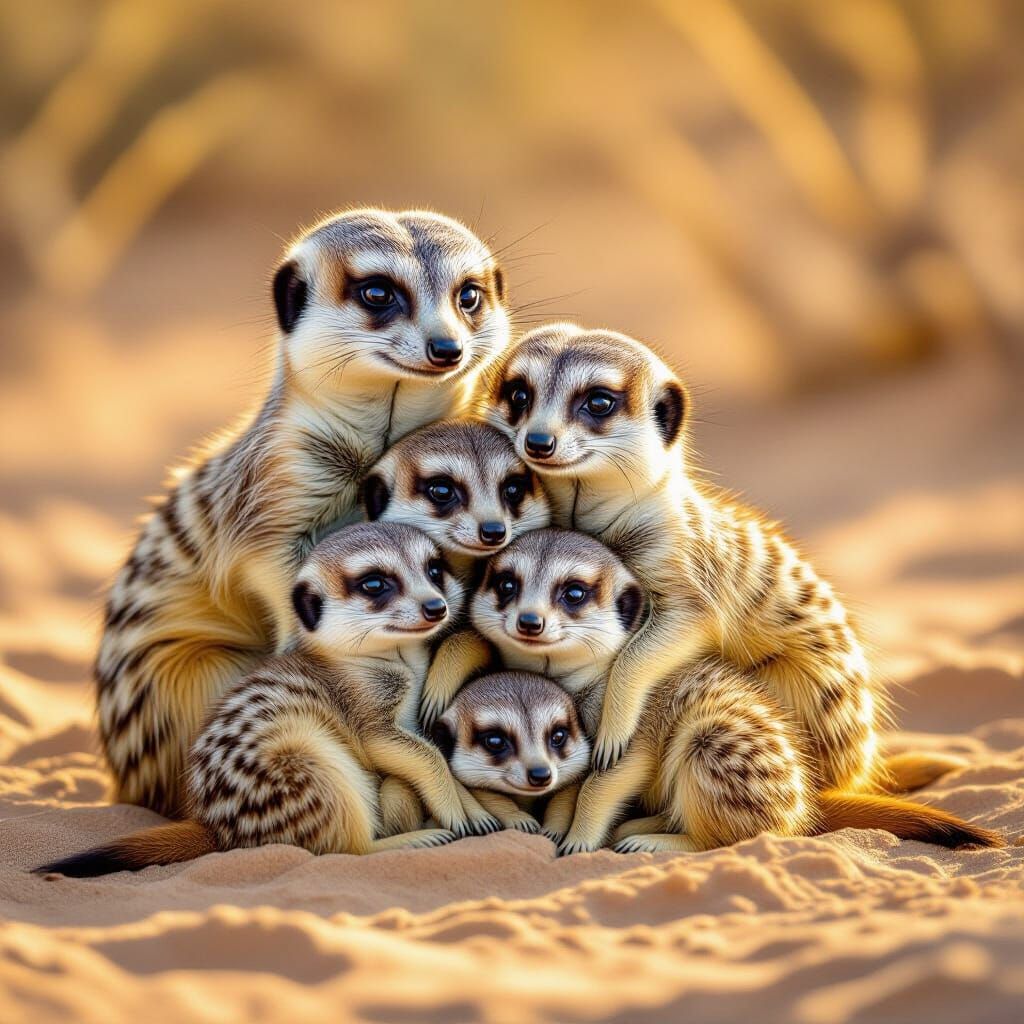 Heartwarming Meerkat Family Huddle in Golden Light