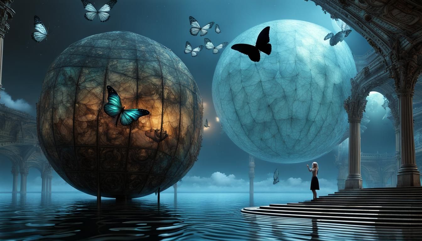 Surreal Airship in Fractal World, Grotesque Library Interior