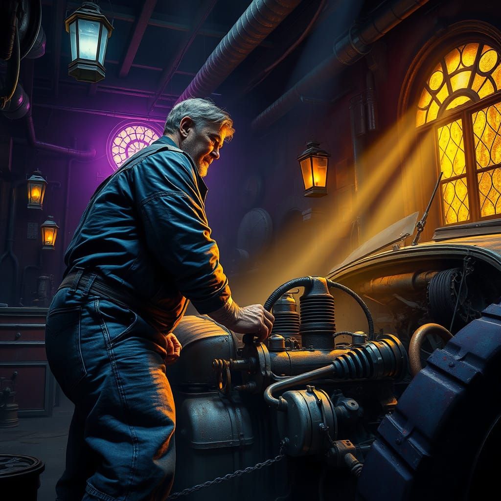 Grizzled Mechanic in a Haunting, Dark Fantasy Garage