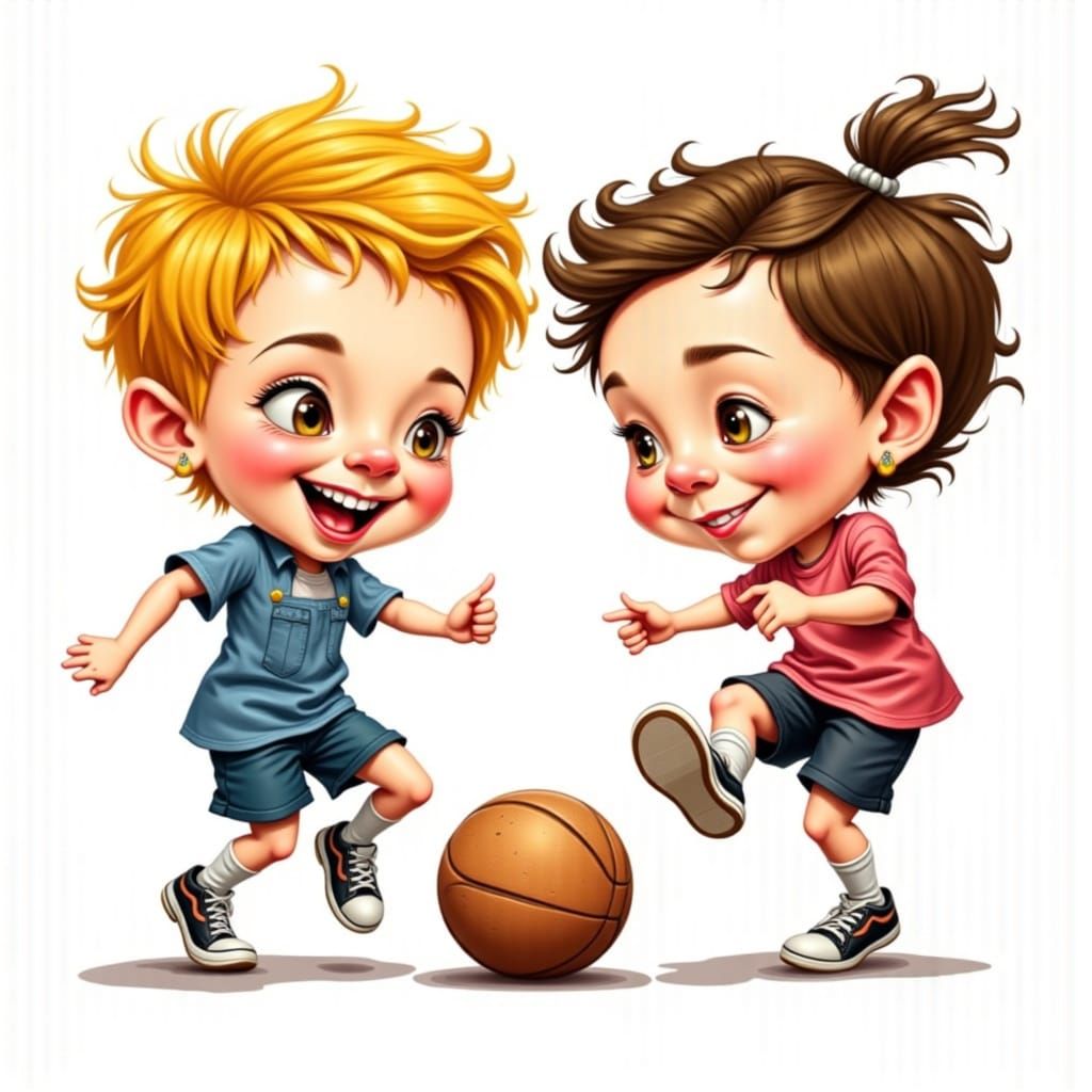 Caricature Kids Playing Ball as Impasto Painting
