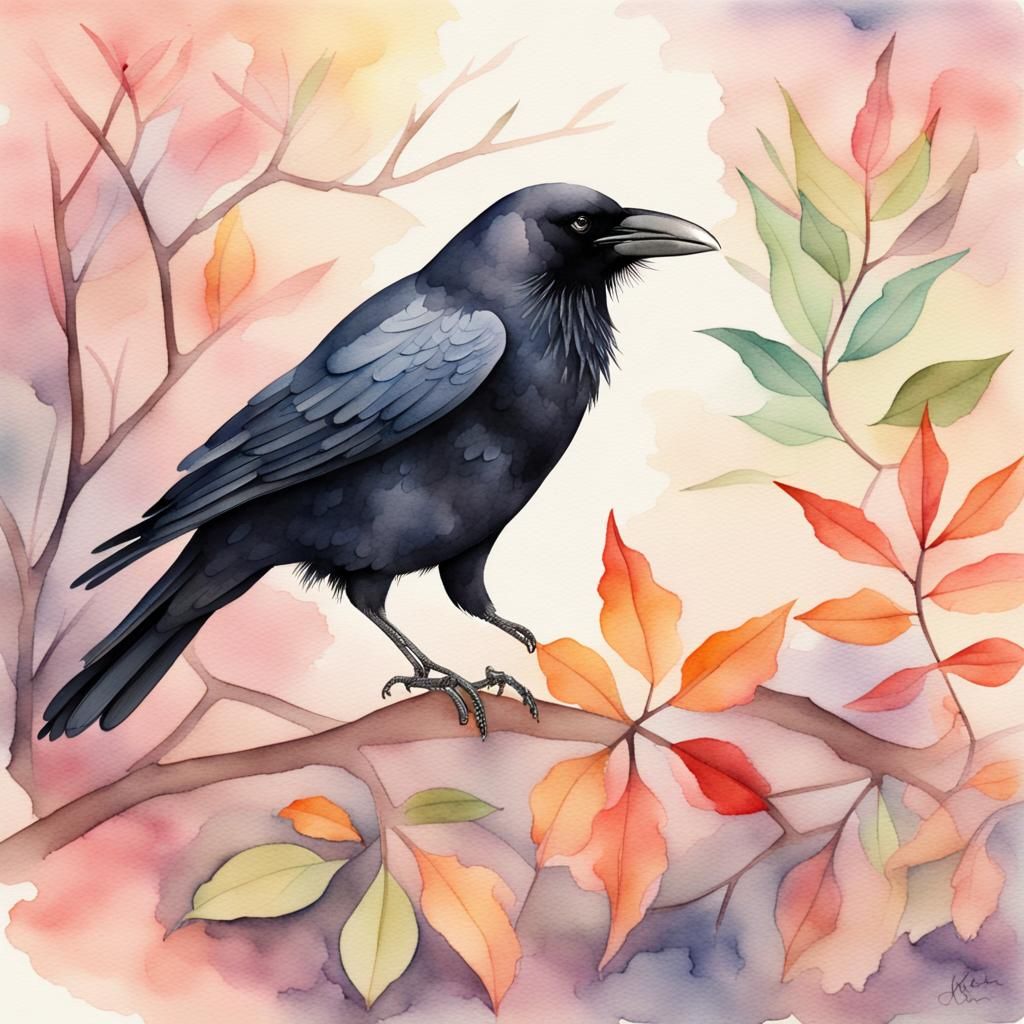 Watercolor Crow in Pastel Colors Among Leaves
