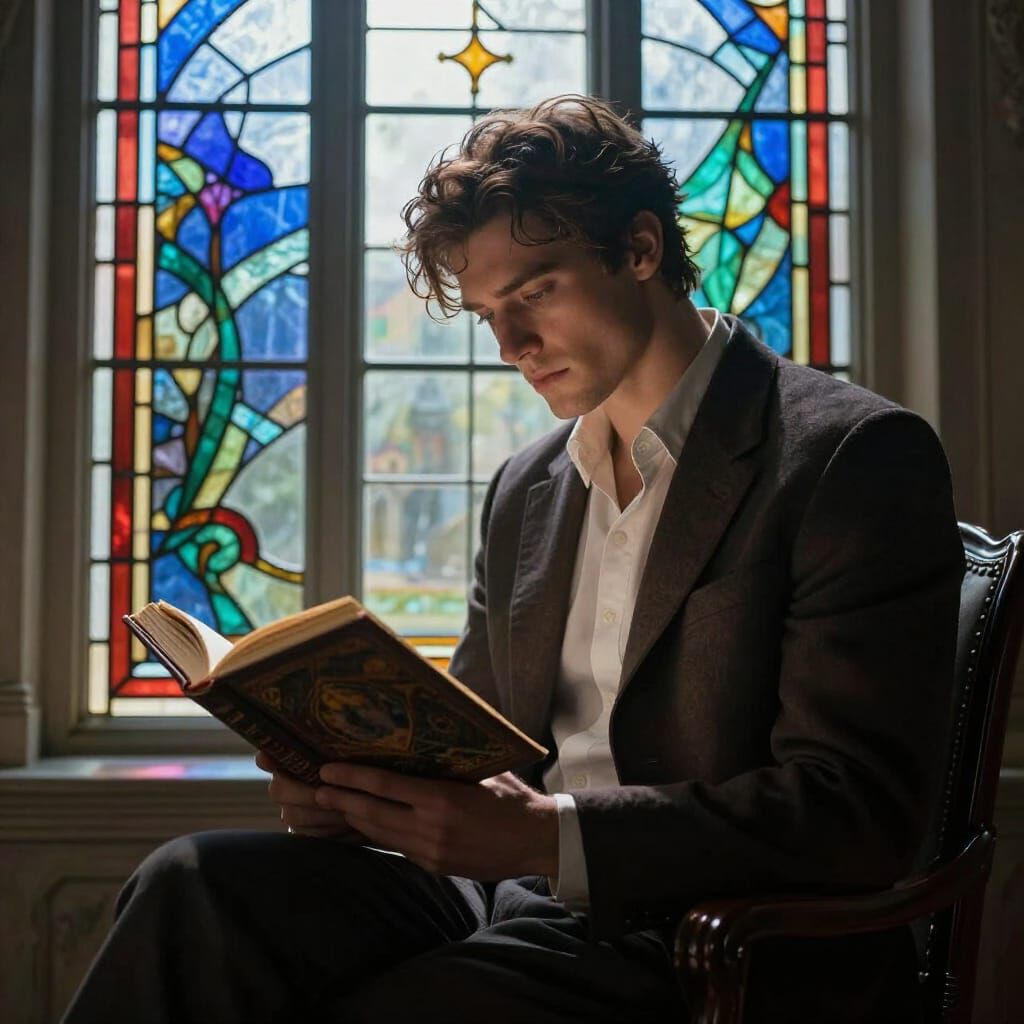 Man Reading by Stained Glass Window - Fantasy Concept Art