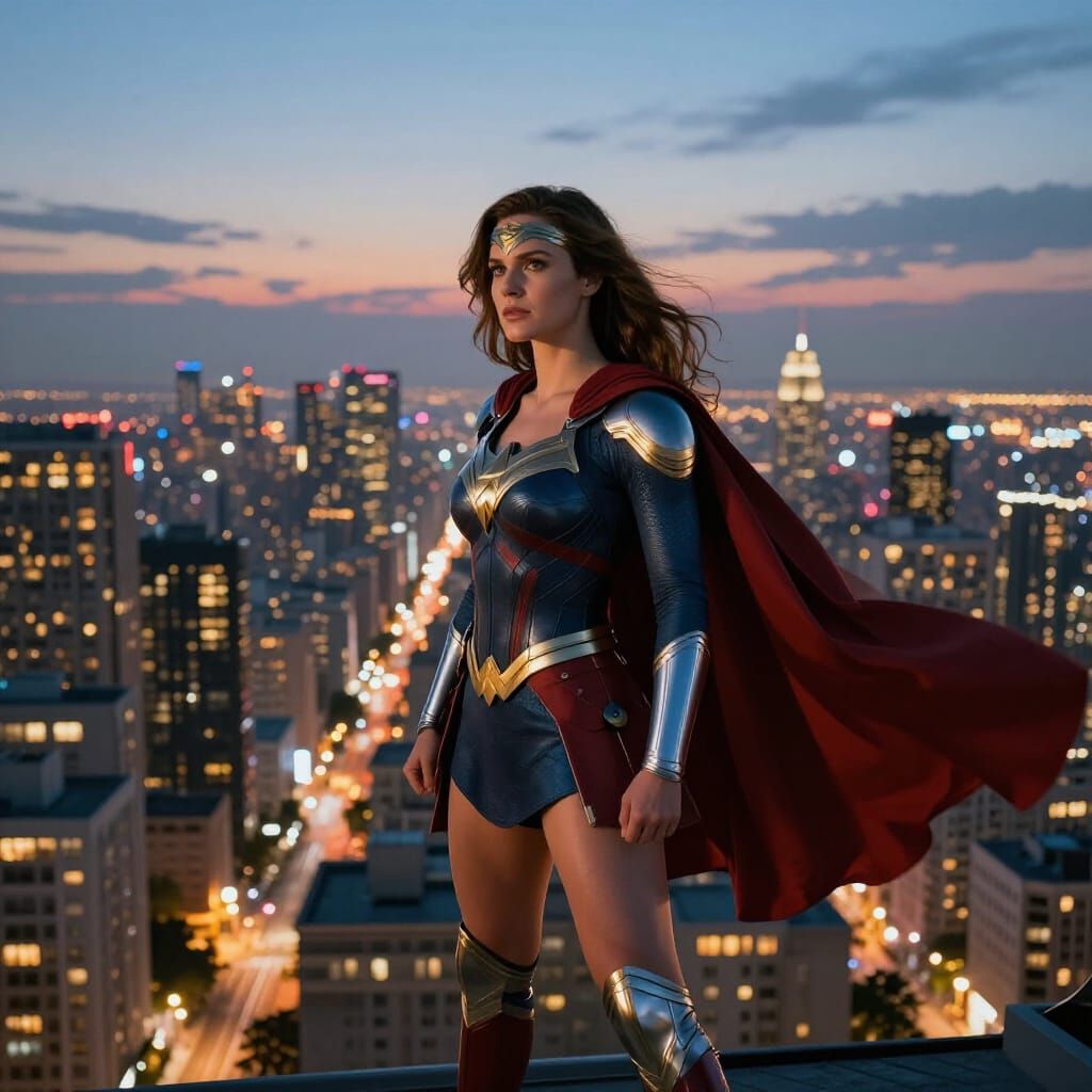 Female Superhero Guards City at Twilight
