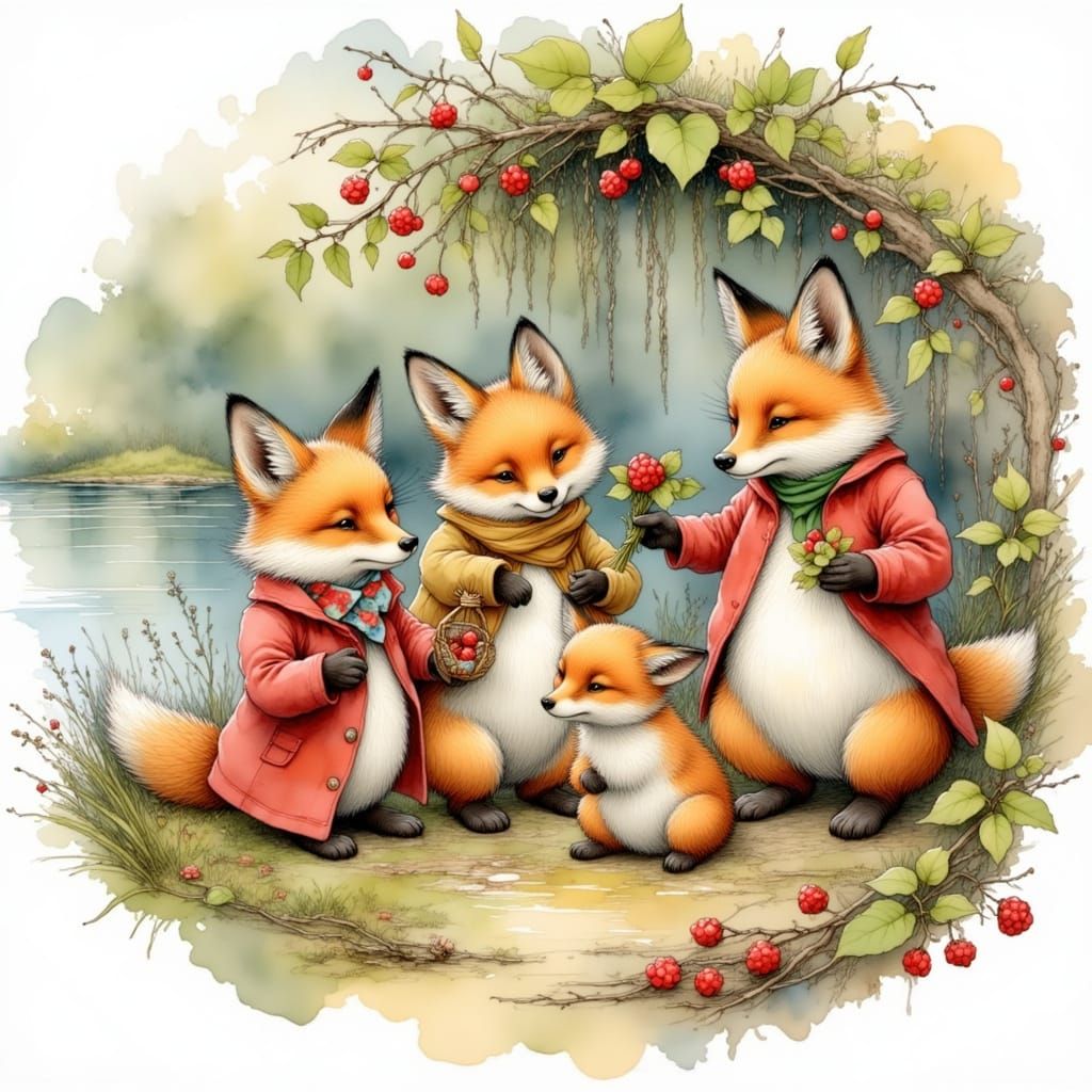 Surreal Foxes Gather Berries by a Lake in Whimsical Style
