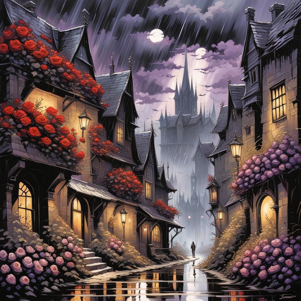 Gothic Town Surrounded by Dark Roses